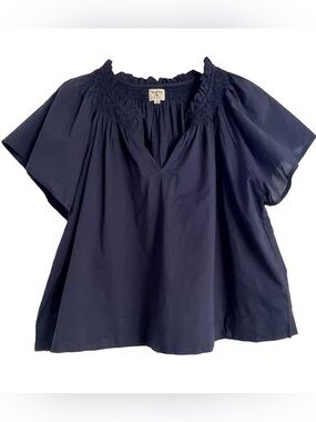 Marea Navy Cotton Flutter Sleeve Top Ruffle Neck V-Neck Smocked  Sz L
